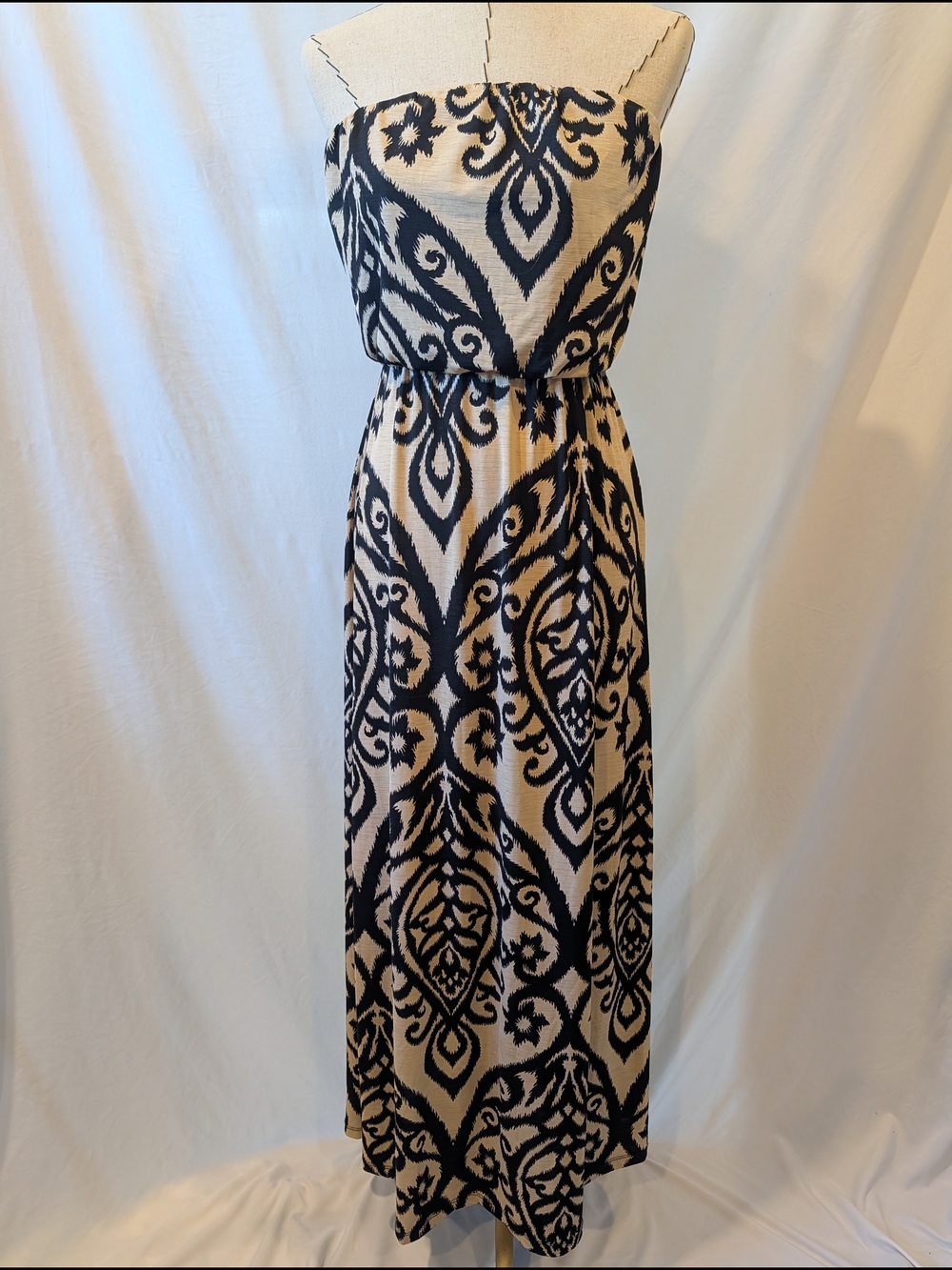 Cezanne Strapless Maxi Dress Black Tan Ikat Damask Print Elastic‎ Waist Jersey